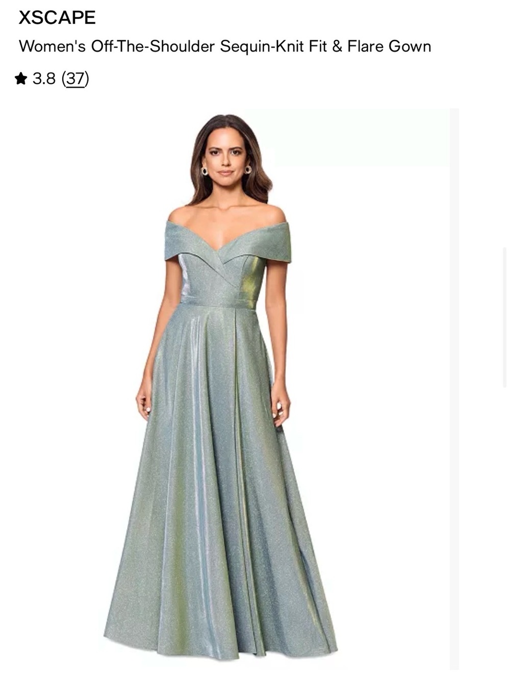 Xscape Iridescent Sage Off-the-Shoulder Sequin-Knit Fit & Flare Gown